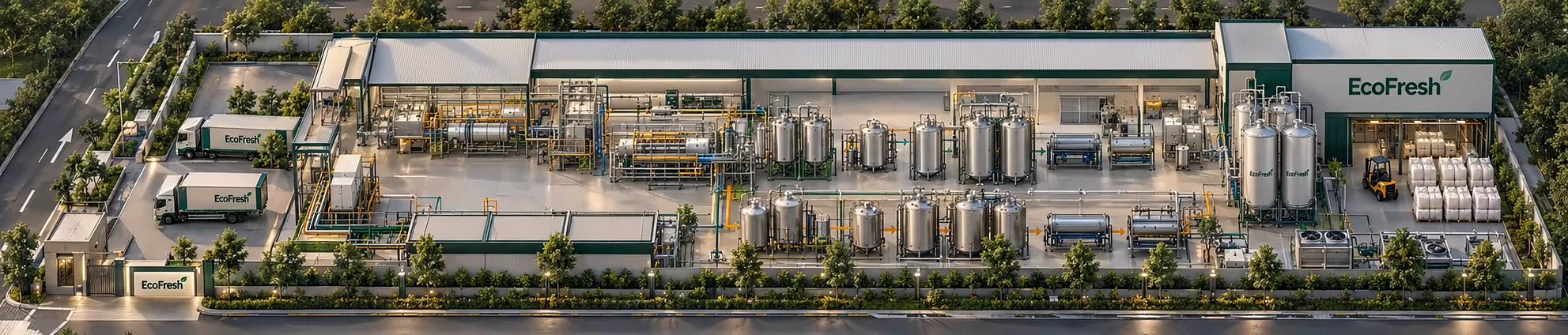 Render of an EcoFresh hub from above: tankers at the gate, two lines of fermenters, bagged powder at the end (concept)