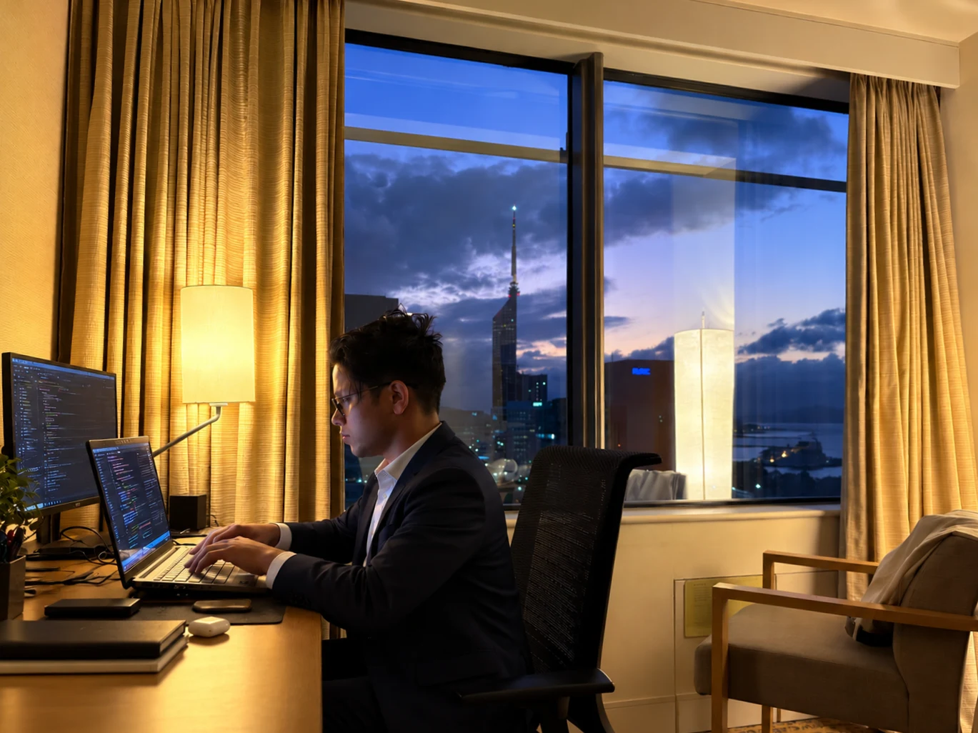 Shivansh Fulper at work on code, Fukuoka, Japan